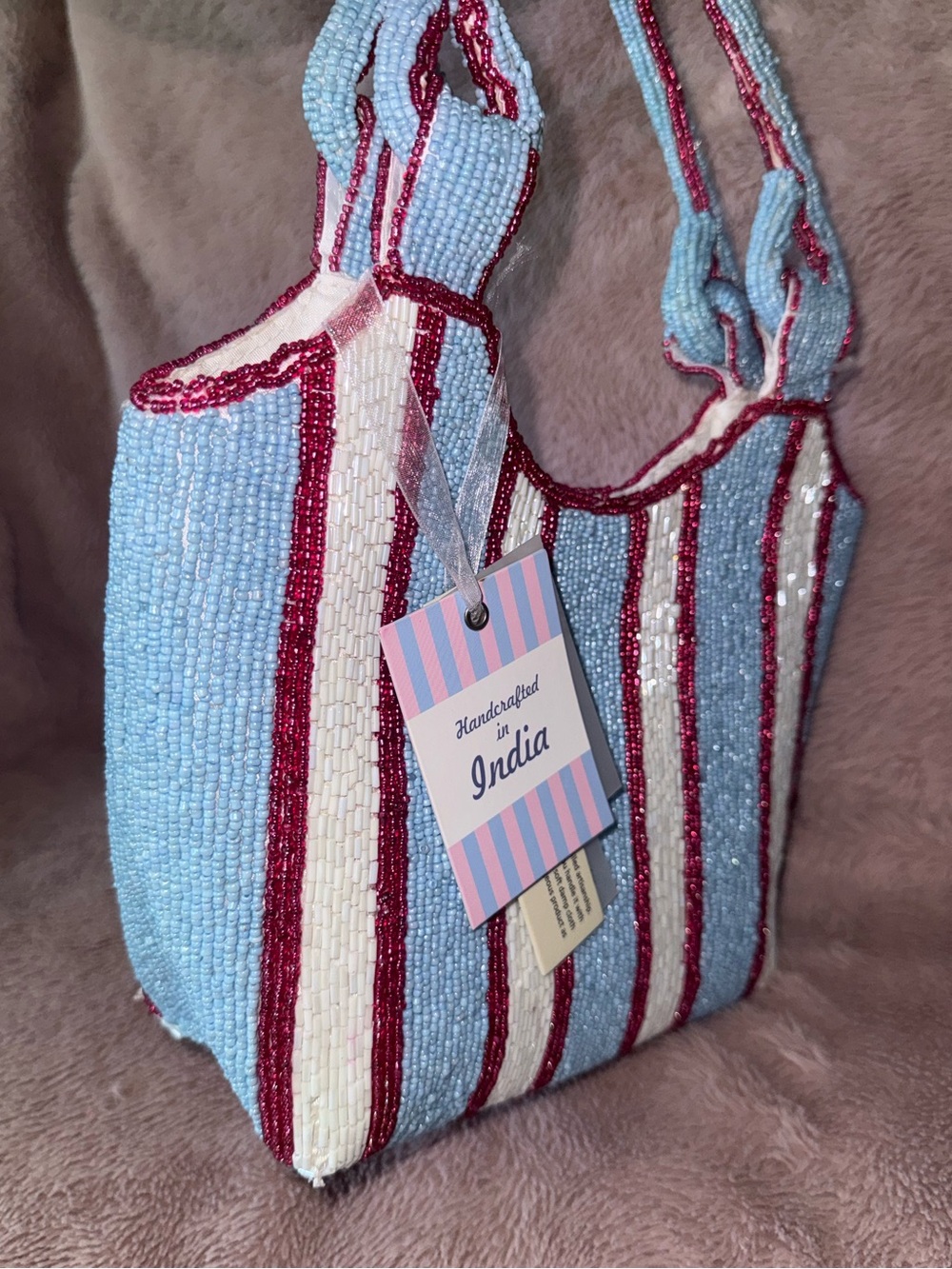 NWT Viral Striped Blue, White & Pink Beaded Tote Shoulder Bag - Picture 6 of 12